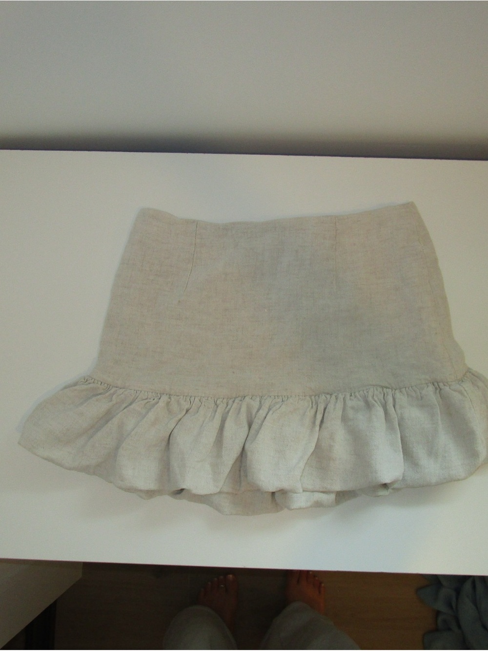 Ruffle-Hem Mini Skirt in Light Beige Linen
